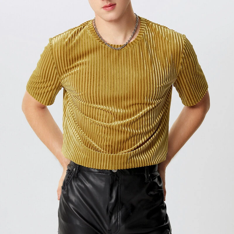 (image for) INCERUN Men T-Shirts Fashion Solid Color Skinny Elastic Top Tee Casual Summer Round Neck Short Sleeve Mens Clothing