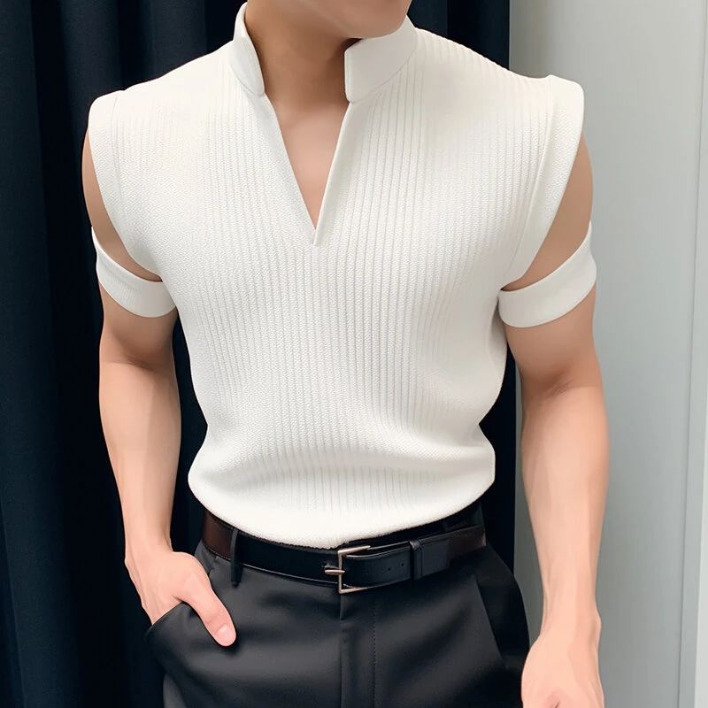 (image for) INCERUN Mens Solid Knit Textured Notched Neck T-Shirt Comfortable Stand Collar Short Sleeve Top for Male