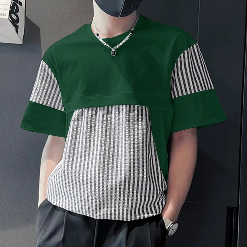 (image for) INCERUN Mens Striped Patchwork Short Sleeve T-Shirt Comfortable Casual Crew Neck Top for Male S-5XL