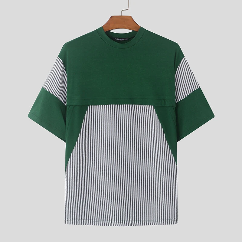 (image for) INCERUN Mens Striped Patchwork Short Sleeve T-Shirt Comfortable Casual Crew Neck Top for Male S-5XL